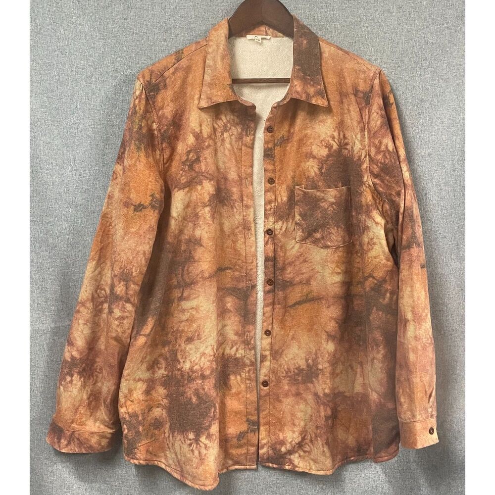 e. Luna 3X Brown Orange Tie Dye Button Down Shirt Plus Size Boho Long Sleeve